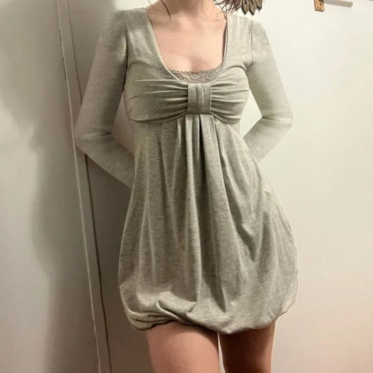 Elegant Sweet Bow Patchwork Fake Two Piece Dresses Sexy Square Collar Dress for Women Long Sleeve Loose Vestidos Femininos