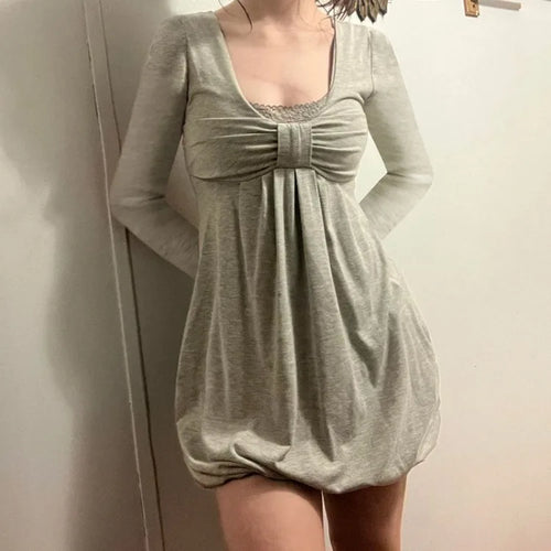 Elegant Sweet Bow Patchwork Fake Two Piece Dresses Sexy Square Collar Dress for Women Long Sleeve Loose Vestidos Femininos