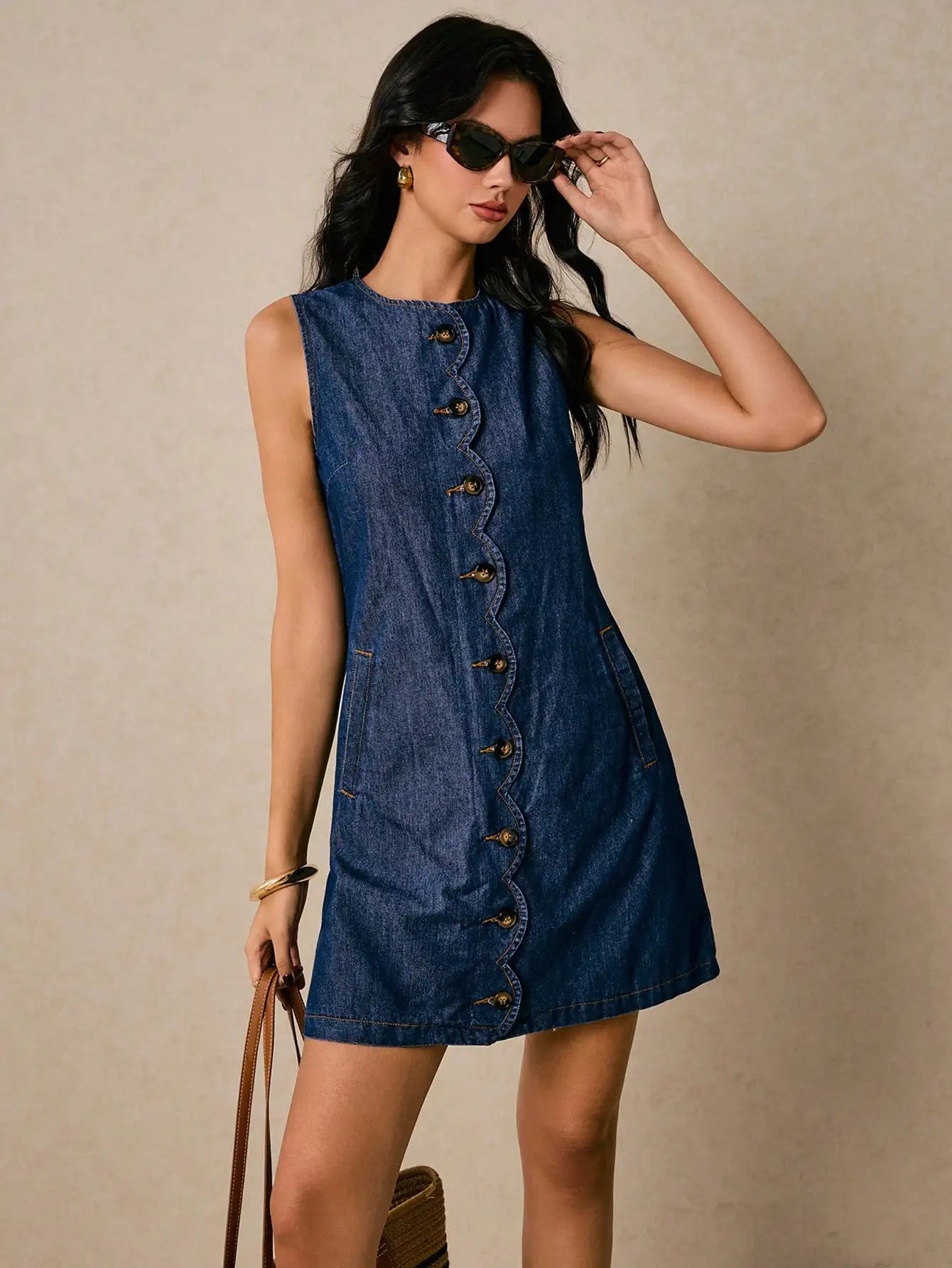 Women's Denim Dress With Pockets Waved Placket Button Placket Women's Dress Blue Dress Straight Dress Women