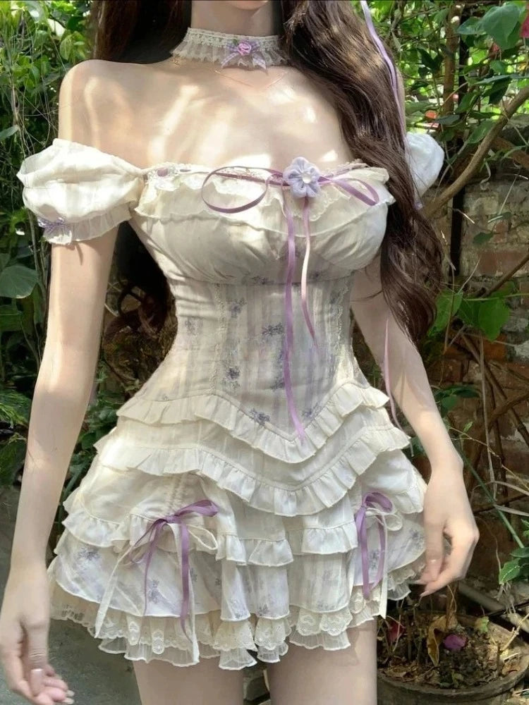 Sweet Kawaii 2-Piece Dress Set Women Sexy Off-Shoulder Corset Tops + Mini Cake Skirt Japanese Casual Harajuku Chic Outfit New