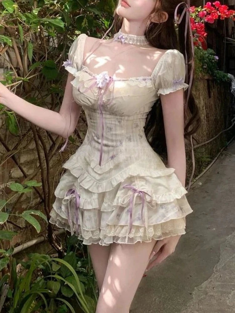 Sweet Kawaii 2-Piece Dress Set Women Sexy Off-Shoulder Corset Tops + Mini Cake Skirt Japanese Casual Harajuku Chic Outfit New