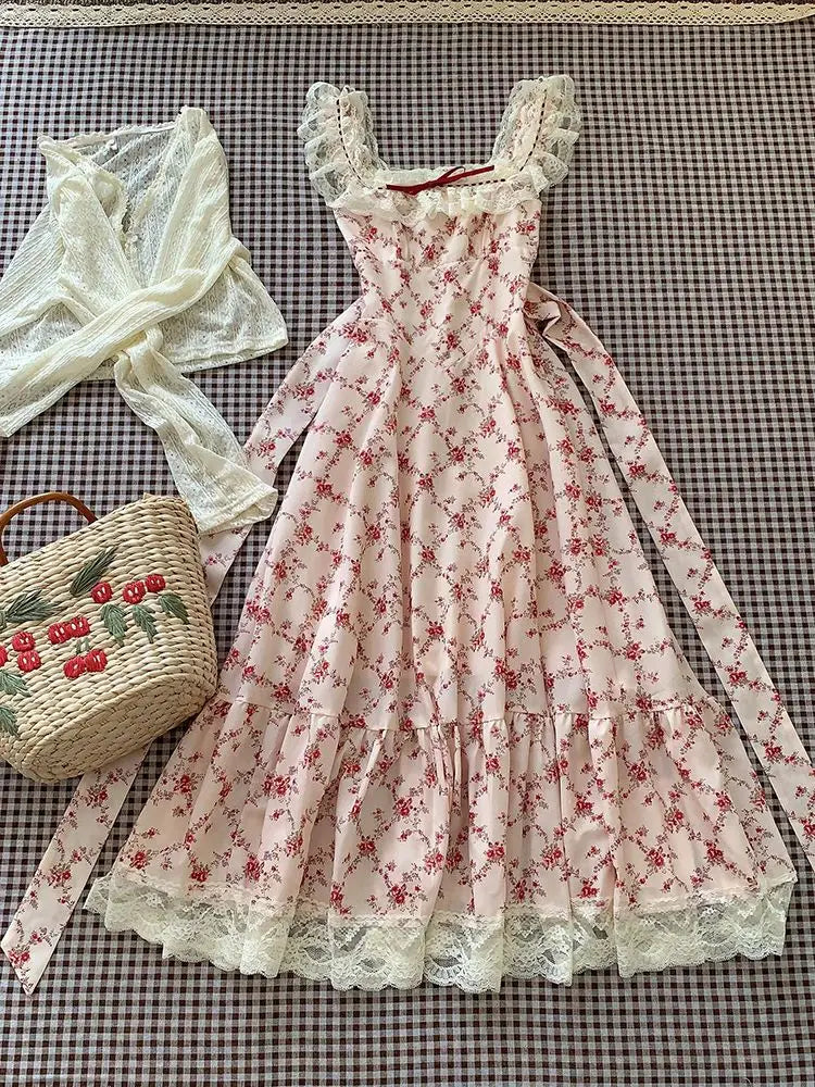 France Warm Lace Print Sling Dress Women Design Sweet Elegant Bow Slim Thin Dresses Female Vintage Chic Patchwork Clothes 2025