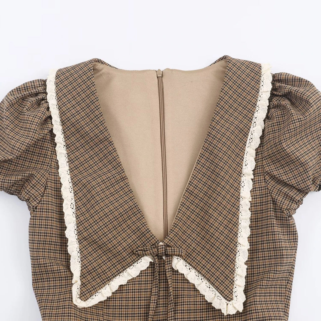 Autumn new women's clothing sweet and fashionable temperament bow check small round collar short sleeved dress