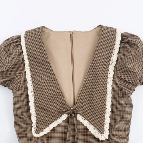 Autumn new women's clothing sweet and fashionable temperament bow check small round collar short sleeved dress