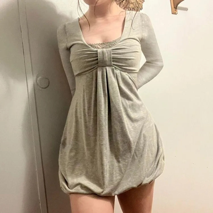 Elegant Sweet Bow Patchwork Fake Two Piece Dresses Sexy Square Collar Dress for Women Long Sleeve Loose Vestidos Femininos