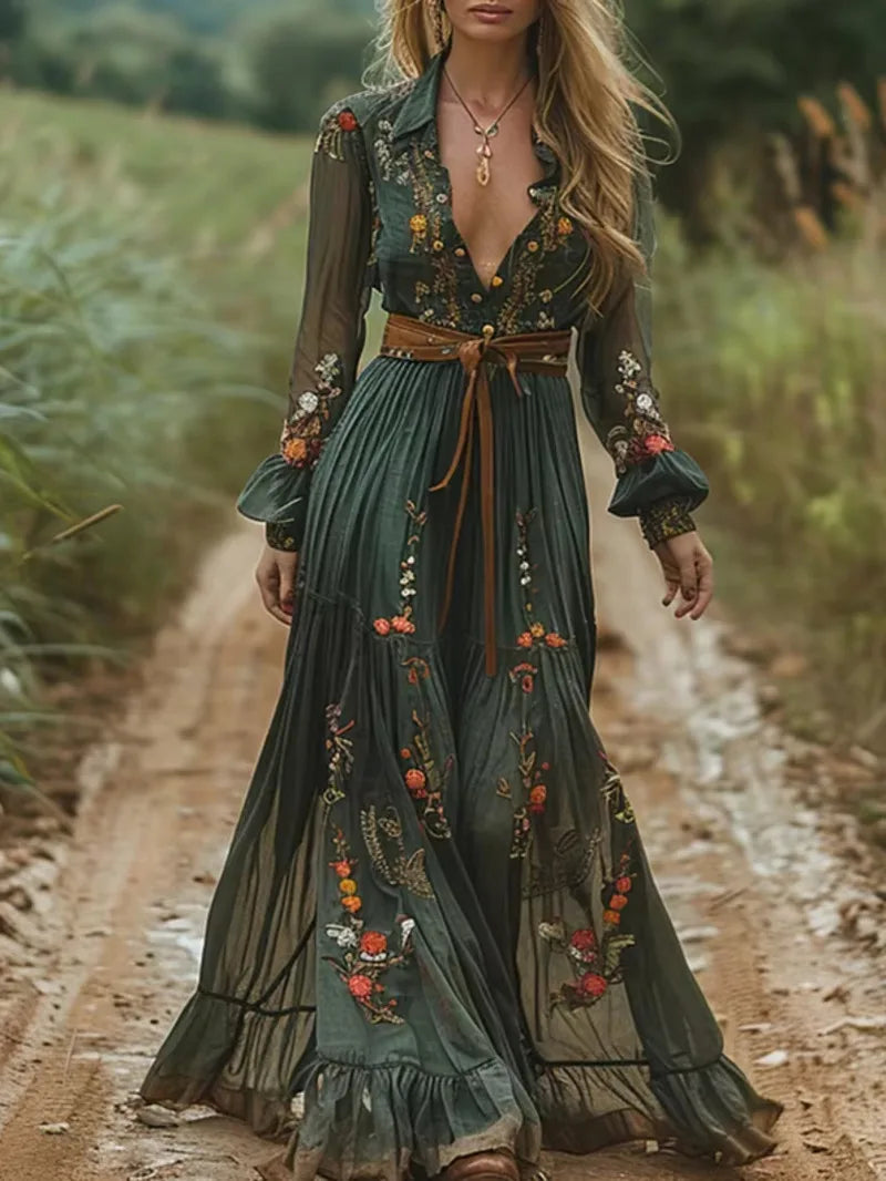 Vintage Pattern Printed Long Sleeve Women Dress Casual V-neck High Waist Pleated Autumn Dress Elegant Loose Bohemian Dresses B7Q