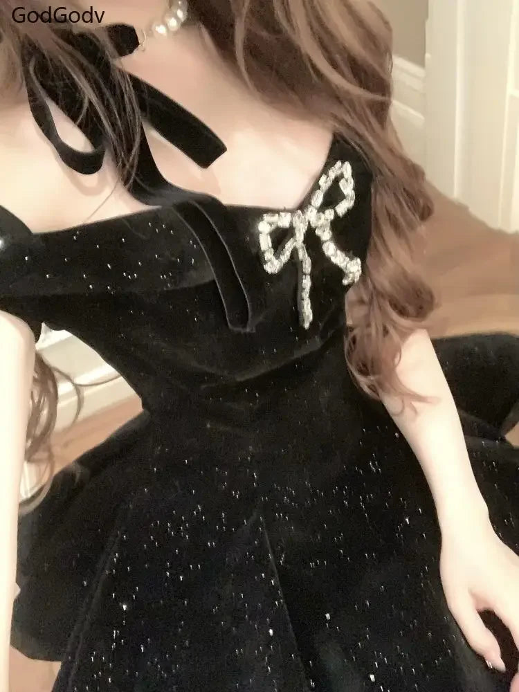 Black French Vintage Elegant Design Woman Dress Gothic Off Shoulder Retro Mini Dress Female Fairy Birthday Party Chic Outfits