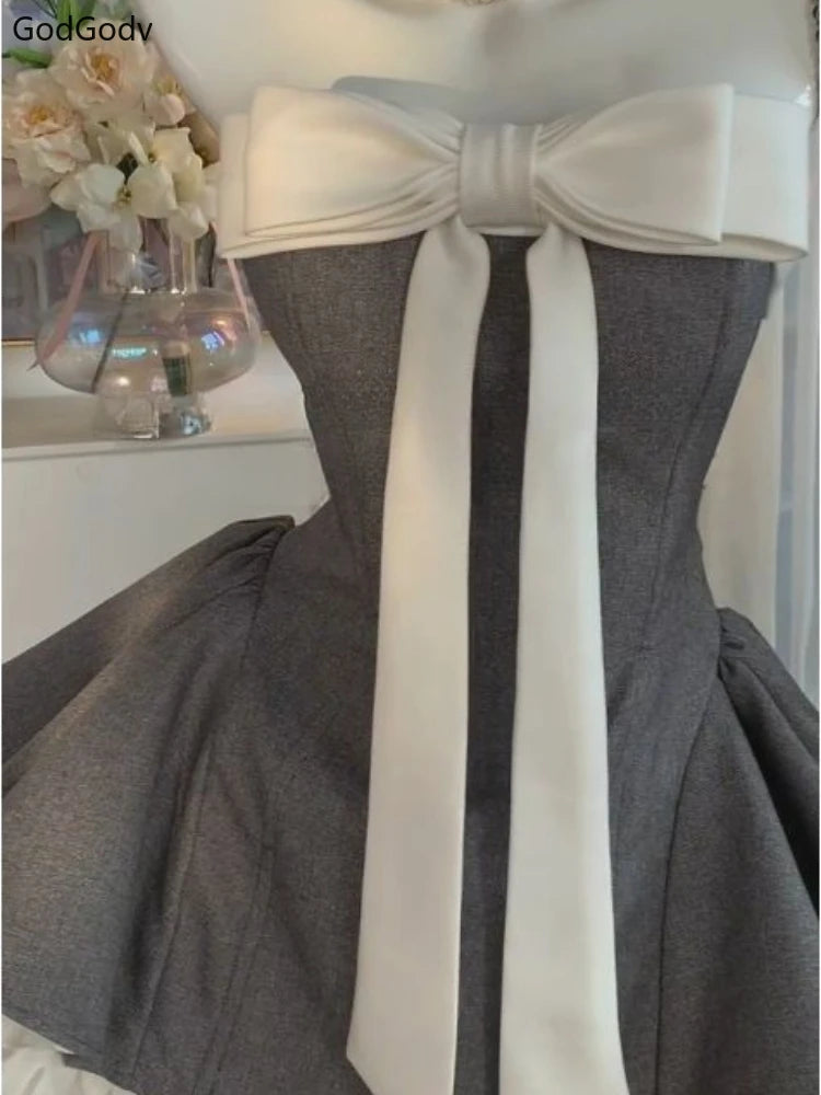 Summer New Vintage Elegant Woman Dress Strapless Bow Patchwork High Waist Puffy Mini Dress Female French Chic Sexy Outfits 2025