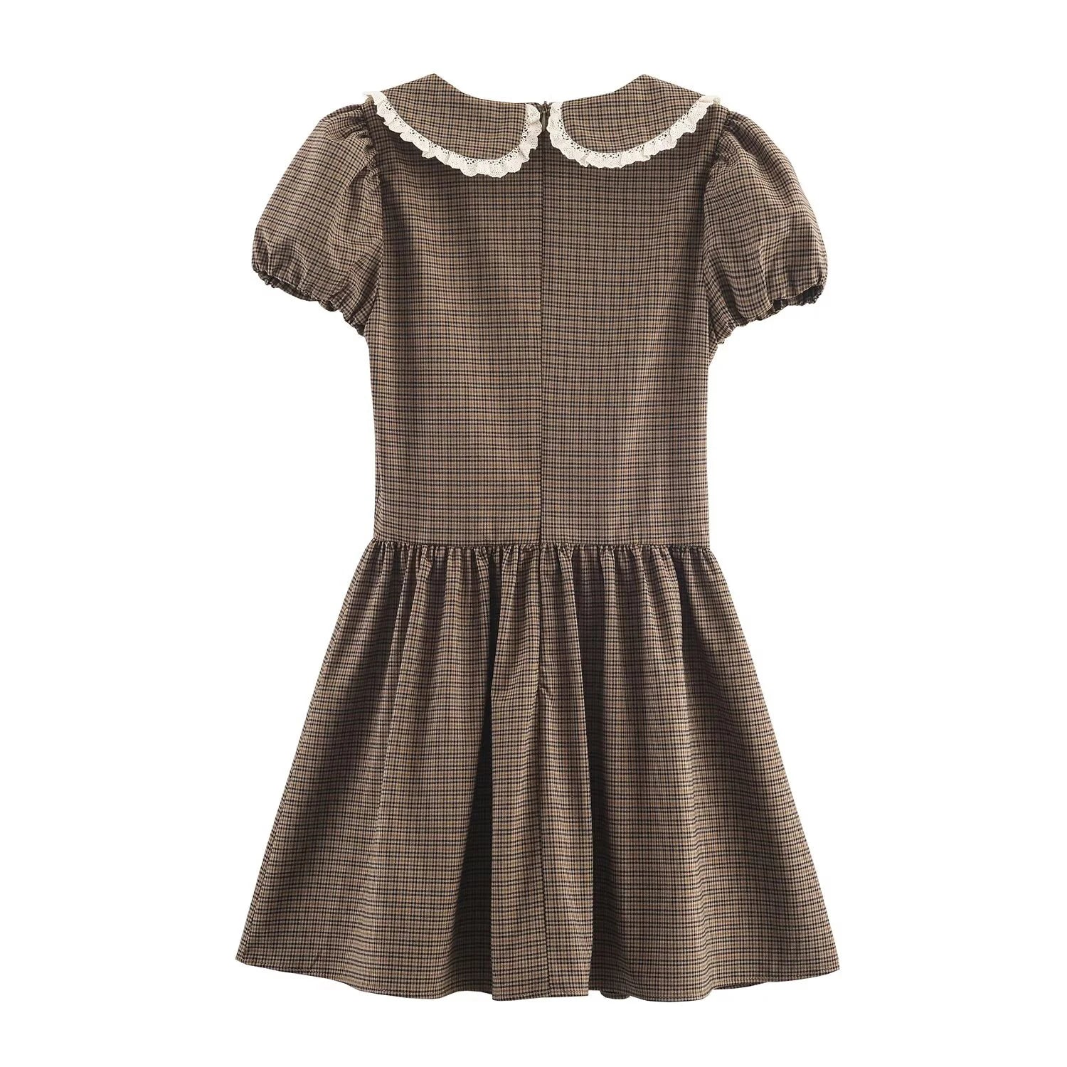 Autumn new women's clothing sweet and fashionable temperament bow check small round collar short sleeved dress