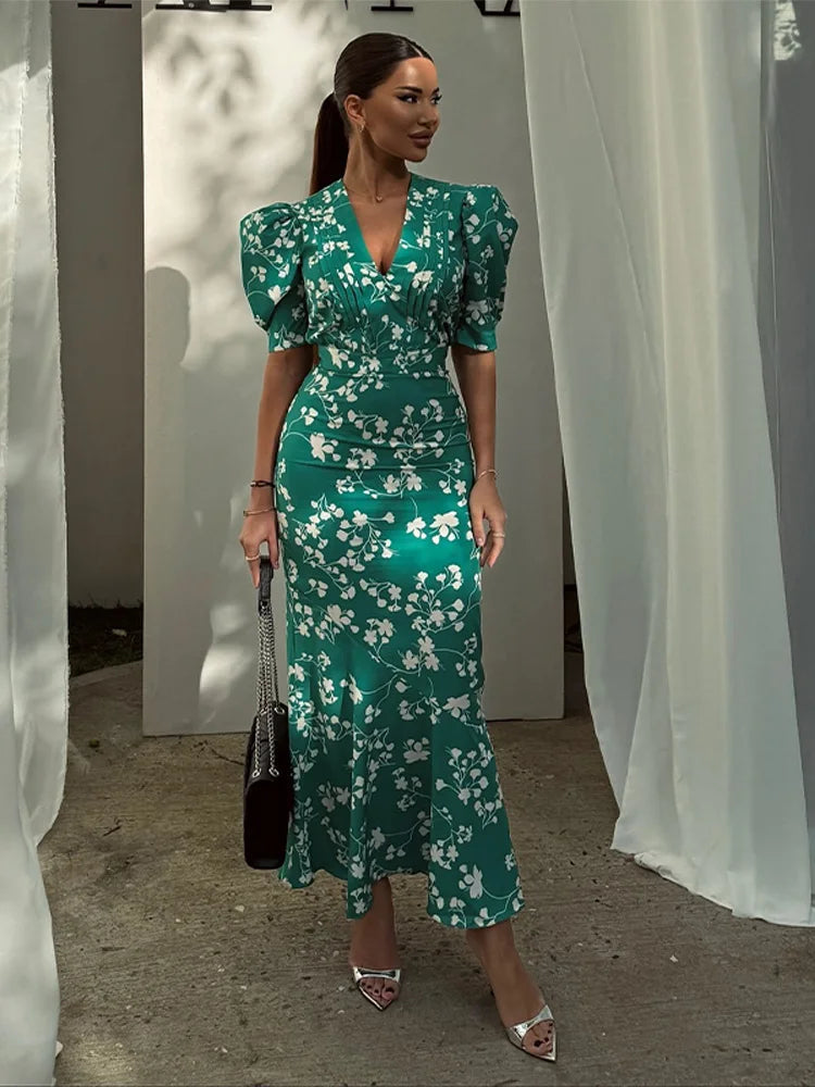 Women Polka Dot Waist V-Neck Maxi Dress Puff Sleeve Slightly Flare Vintage Sweet 2025 Summer Fashion Robe Holiday Party Vestido